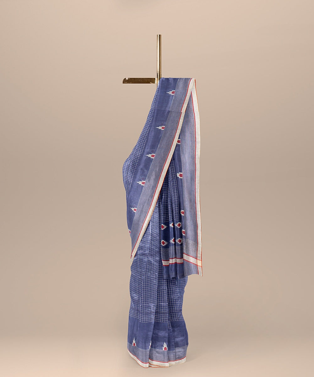 Royal blue red handloom jamdani soft cotton saree