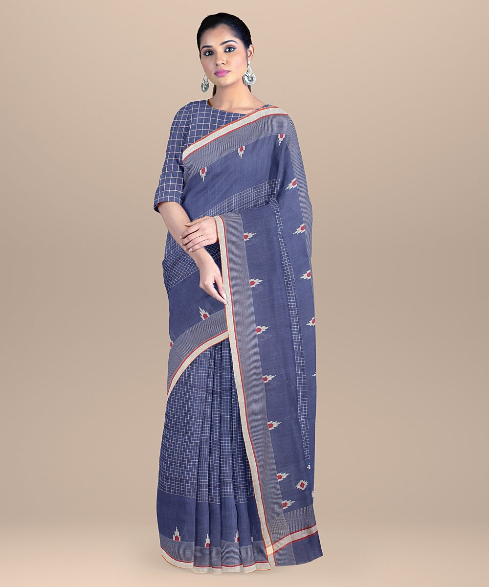 Royal blue red handloom jamdani soft cotton saree