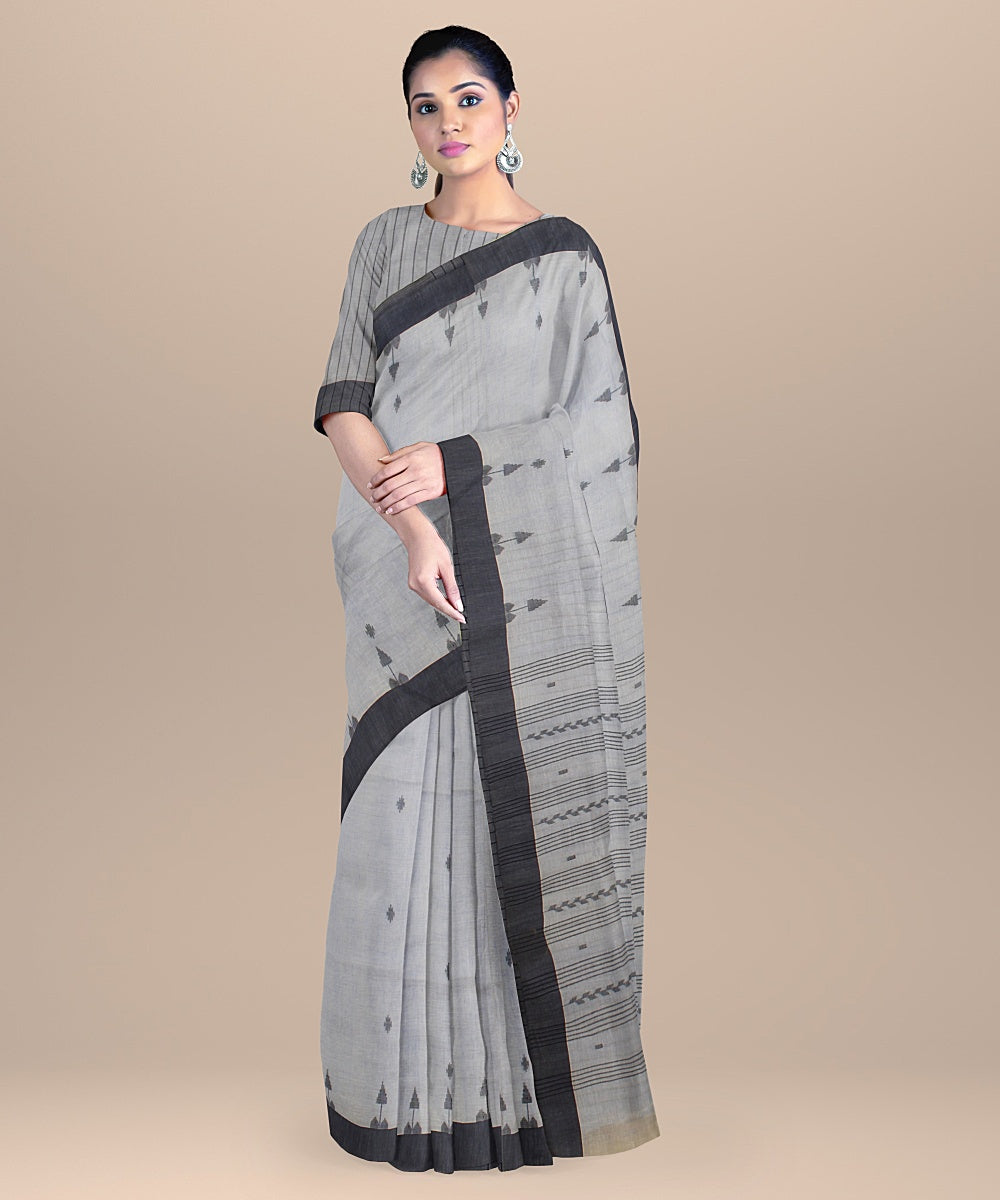 Grey dull blue handloom jamdani soft cotton saree