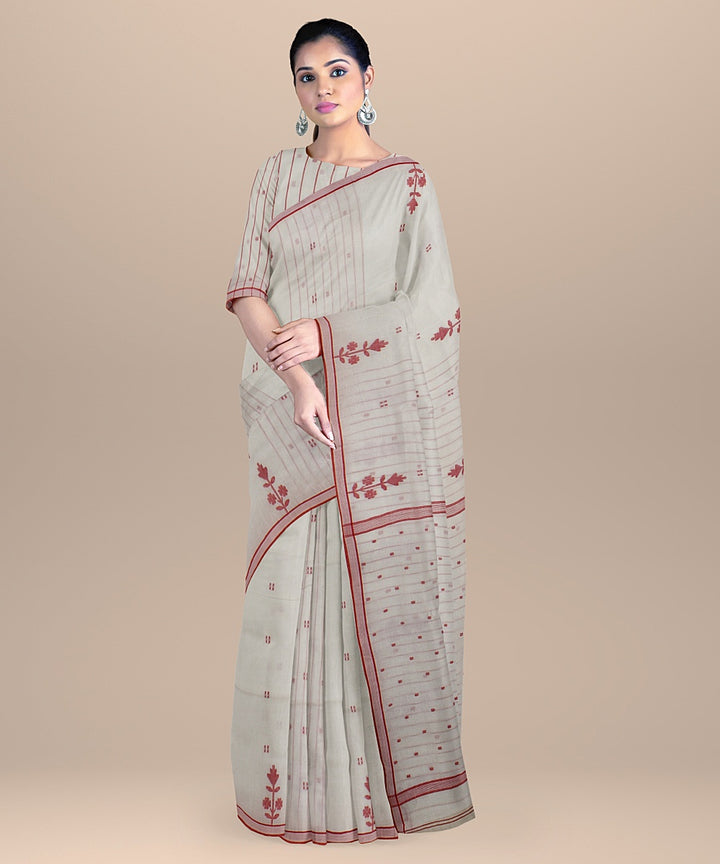 Offwhite red soft cotton jamdani handloom saree