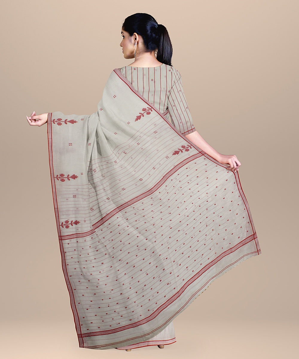 Offwhite red soft cotton jamdani handloom saree