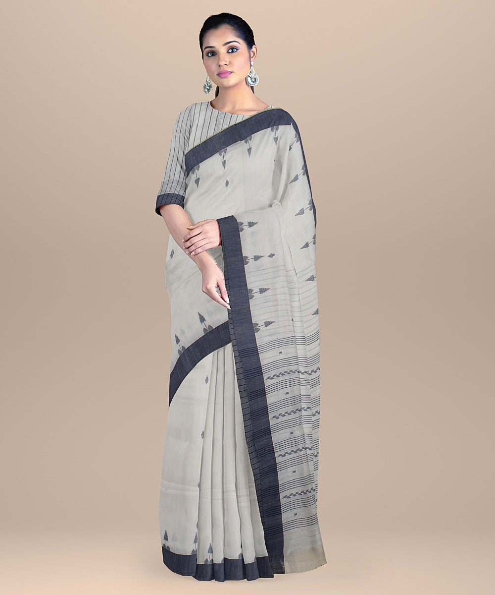 Offwhite dull blue handloom jamdani soft cotton saree