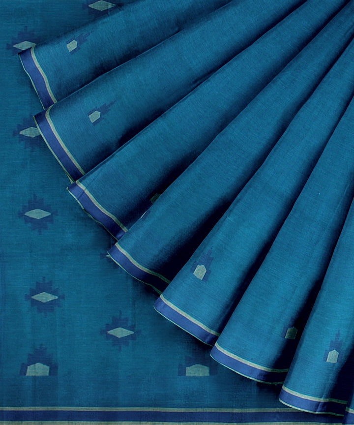 Cyan blue lime yellow handloom jamdani soft cotton saree