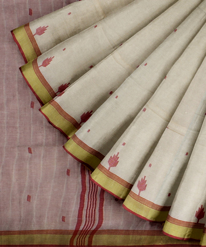 Offwhite yellow red handloom jamdani soft cotton saree