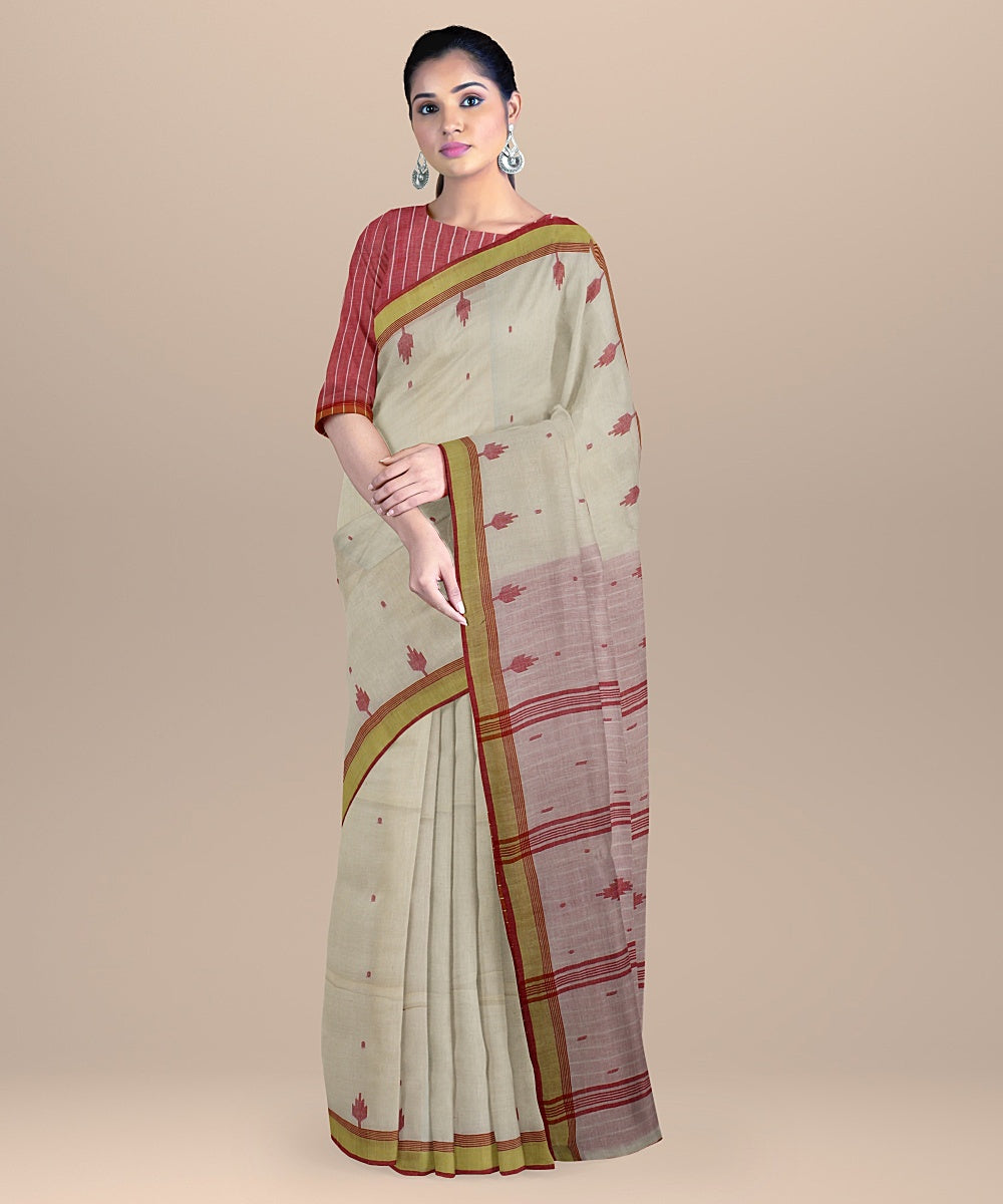 Offwhite yellow red handloom jamdani soft cotton saree