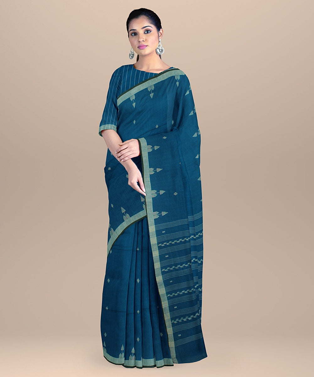 Sea green lime yellow handloom soft cotton jamdani saree