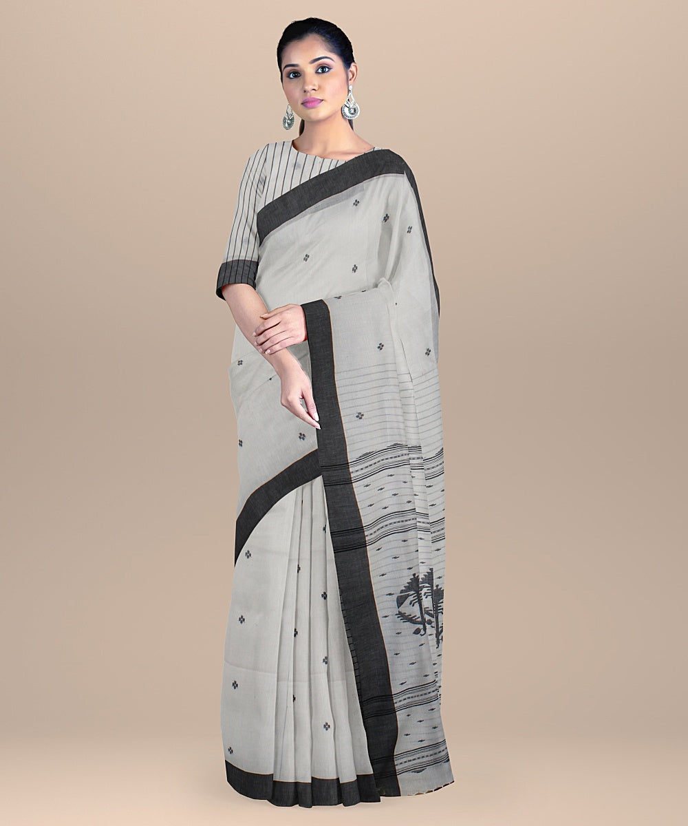 Offwhite black handloom jamdani soft cotton saree