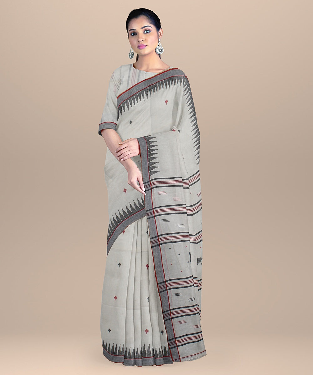 Offwhite black red handloom jamdani soft cotton saree