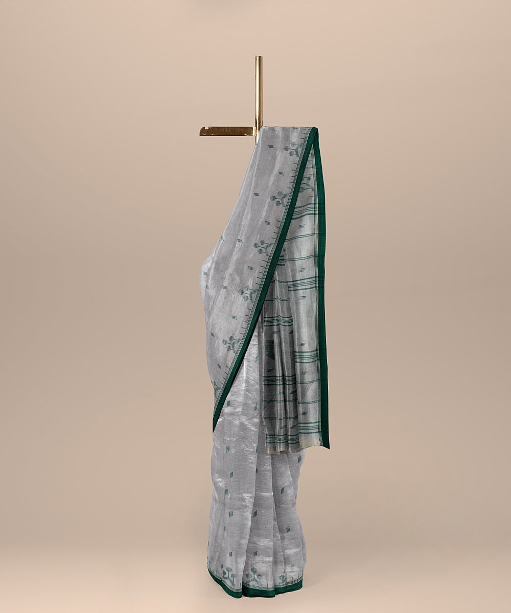 Offwhite green handloom jamdani soft cotton saree