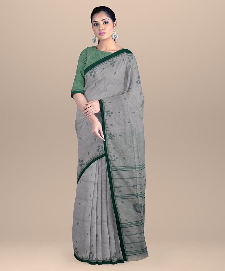 Offwhite green handloom jamdani soft cotton saree