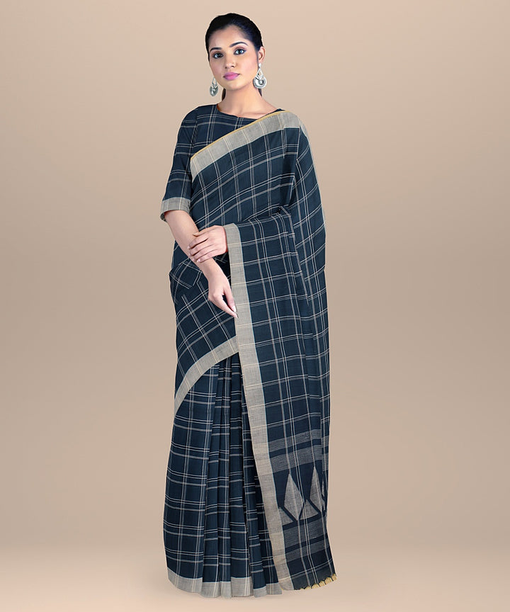 Navy blue offwhite handloom jamdani soft cotton saree