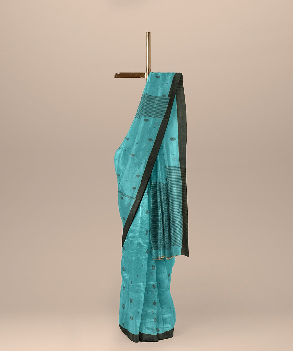 Sea green brown handloom jamdani soft cotton saree