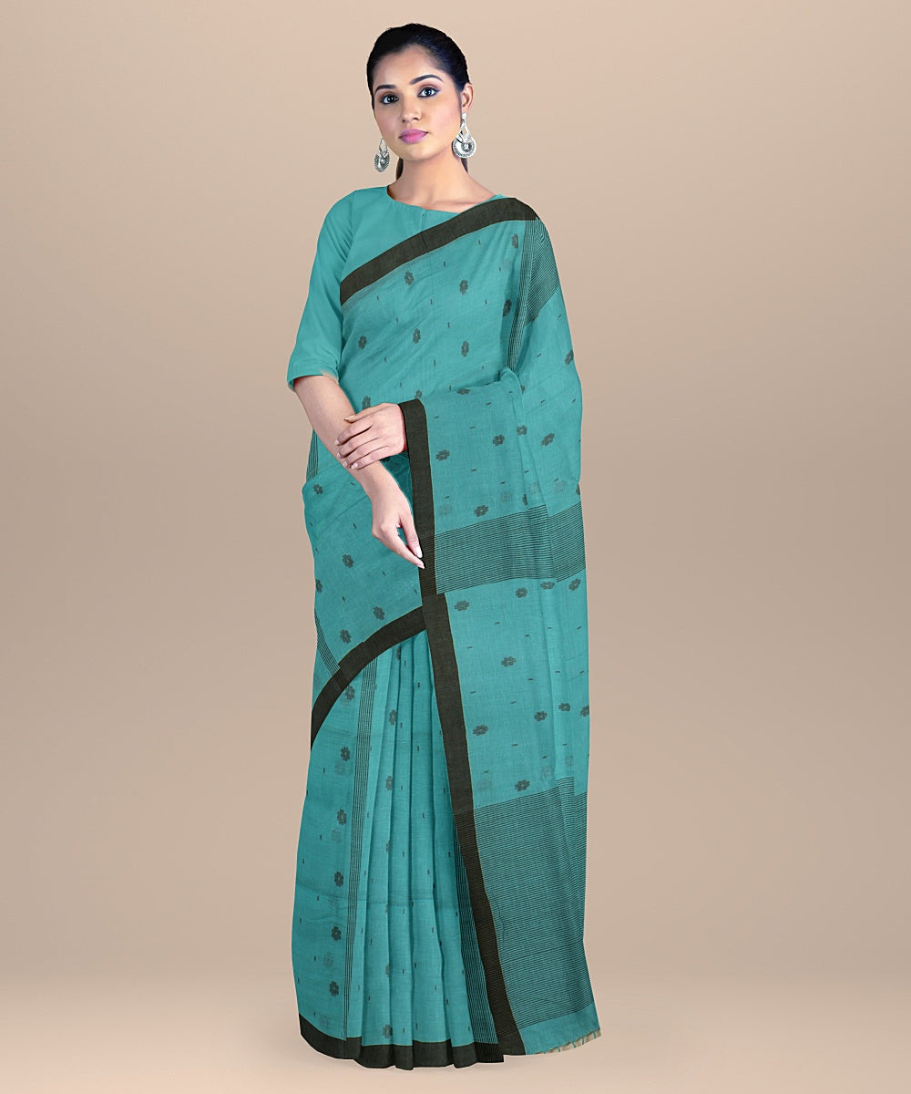 Sea green brown handloom jamdani soft cotton saree