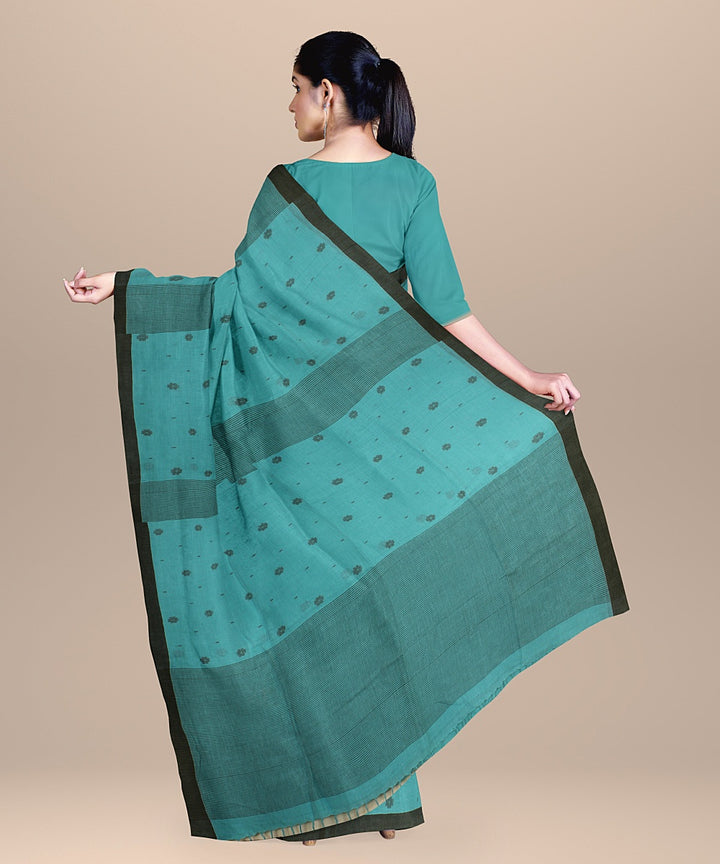 Sea green brown handloom jamdani soft cotton saree