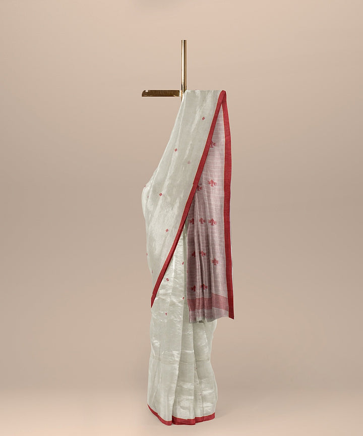 Offwhite red handloom jamdani soft cotton saree