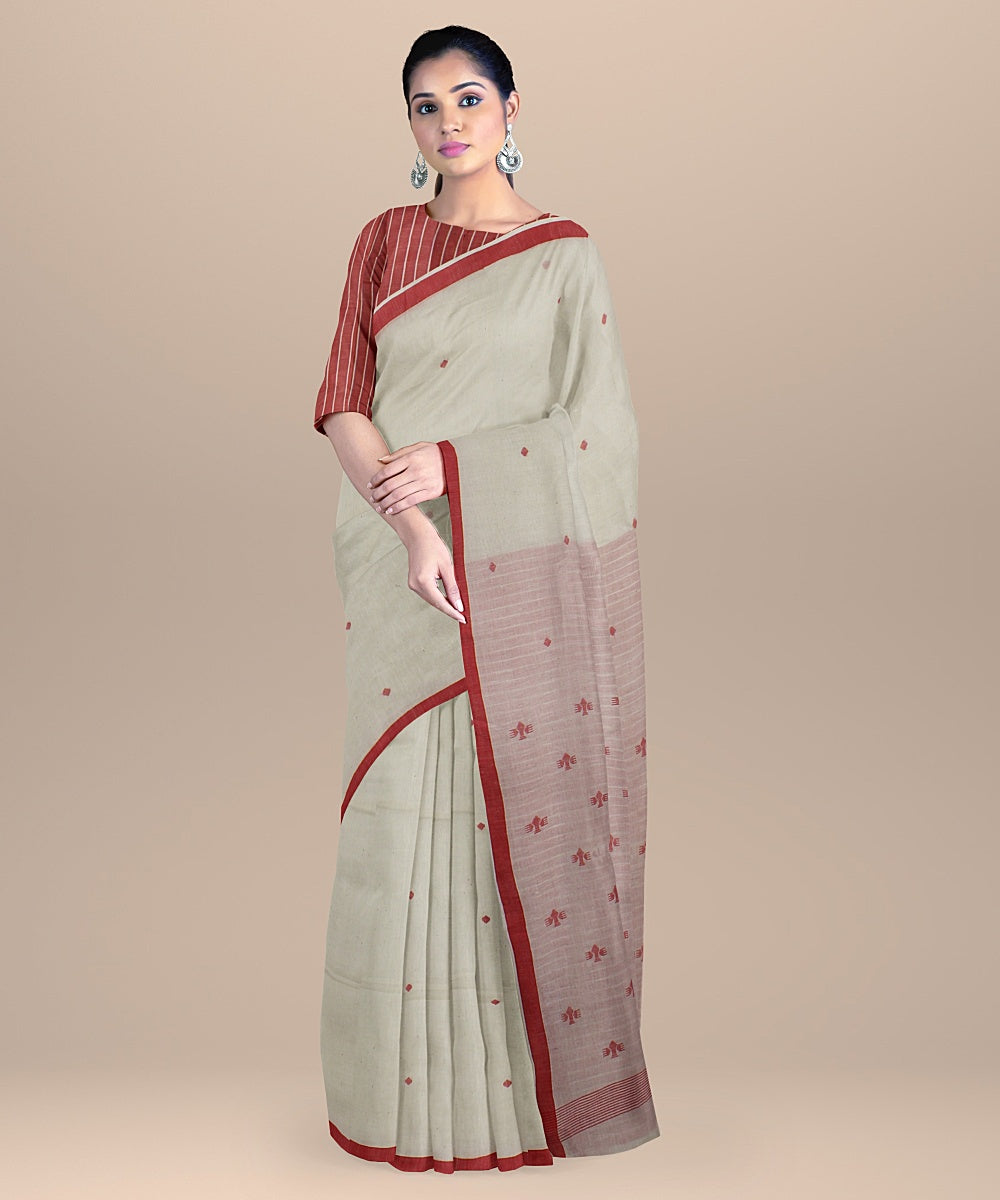 Offwhite red handloom jamdani soft cotton saree