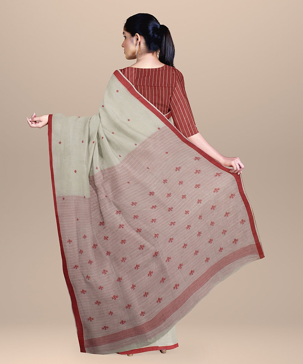 Offwhite red handloom jamdani soft cotton saree