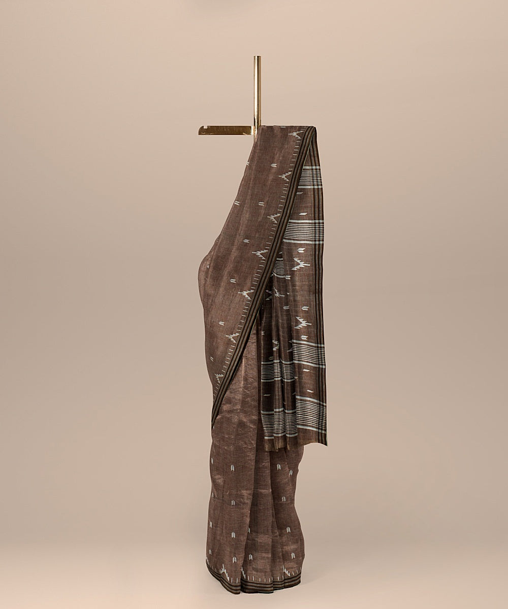 Brown green handloom jamdani soft cotton saree