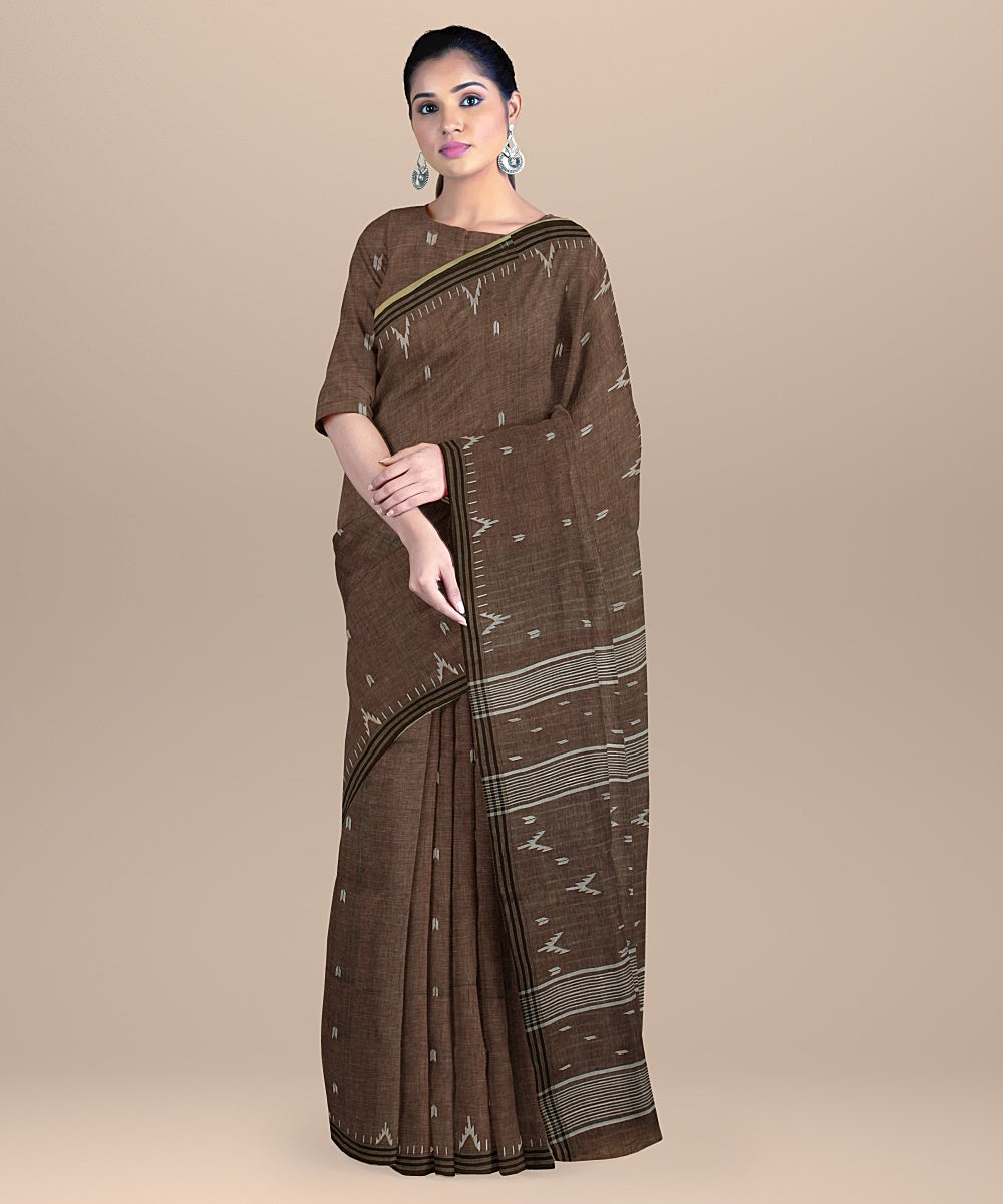 Brown green handloom jamdani soft cotton saree