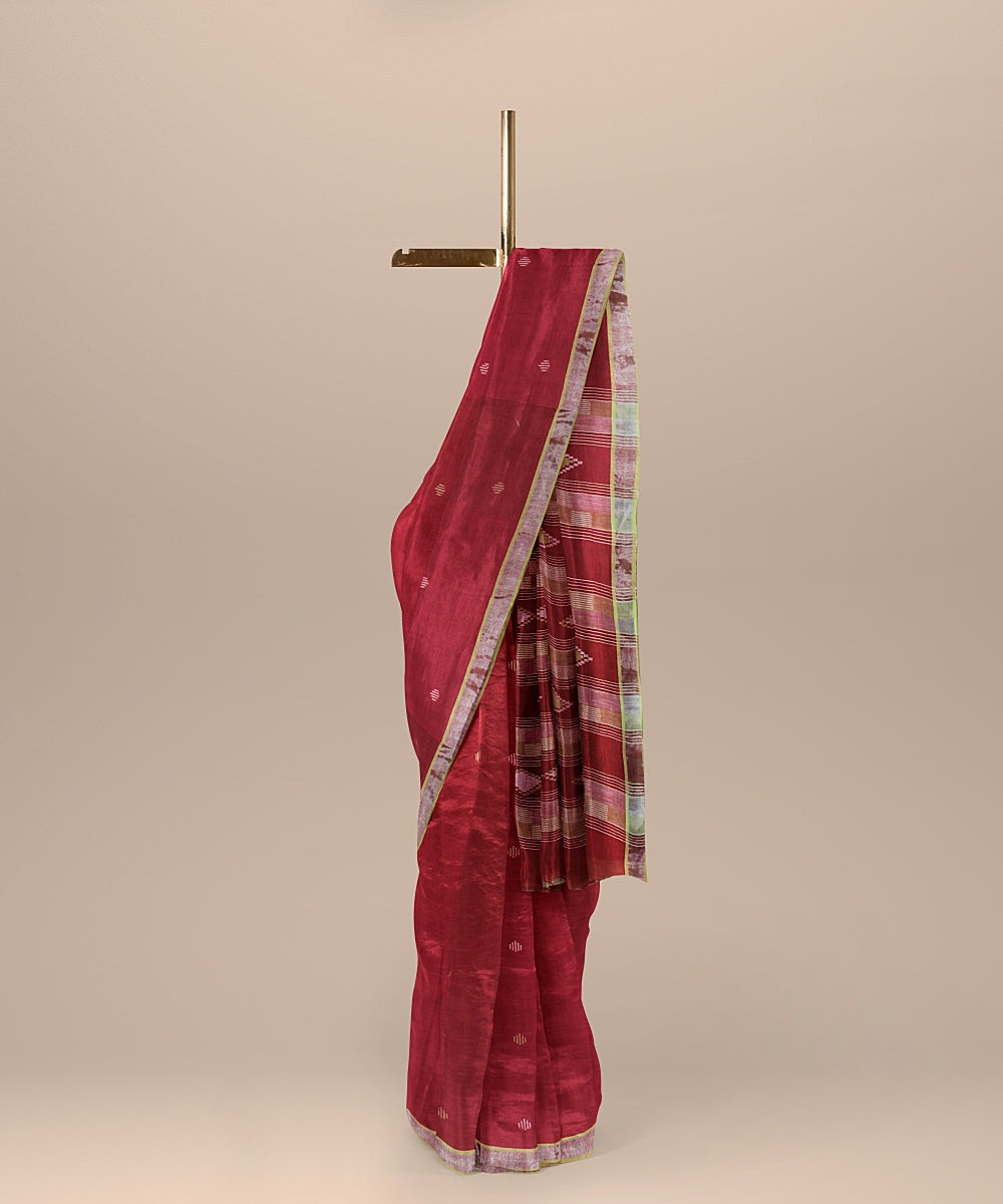 Red lime yellow zari handloom jamdani soft cotton saree