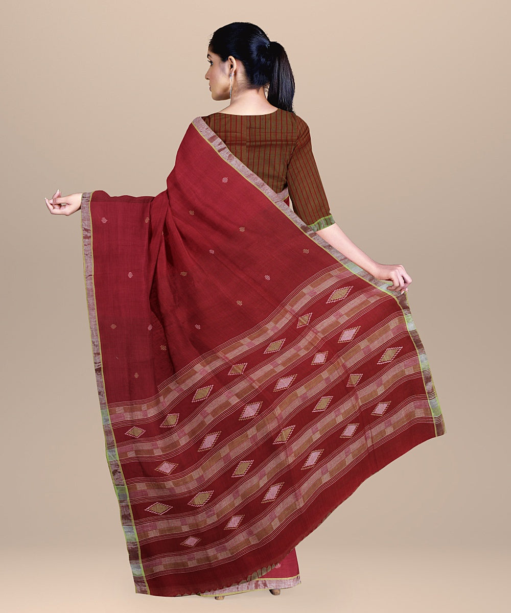 Red lime yellow zari handloom jamdani soft cotton saree