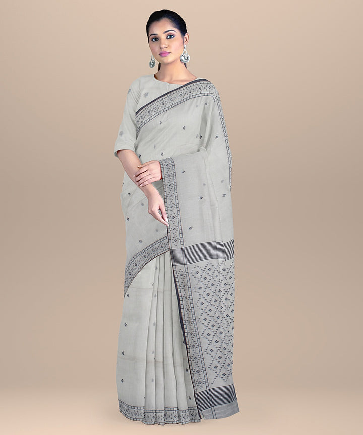 Offwhite navy blue handloom soft cotton jamdani saree