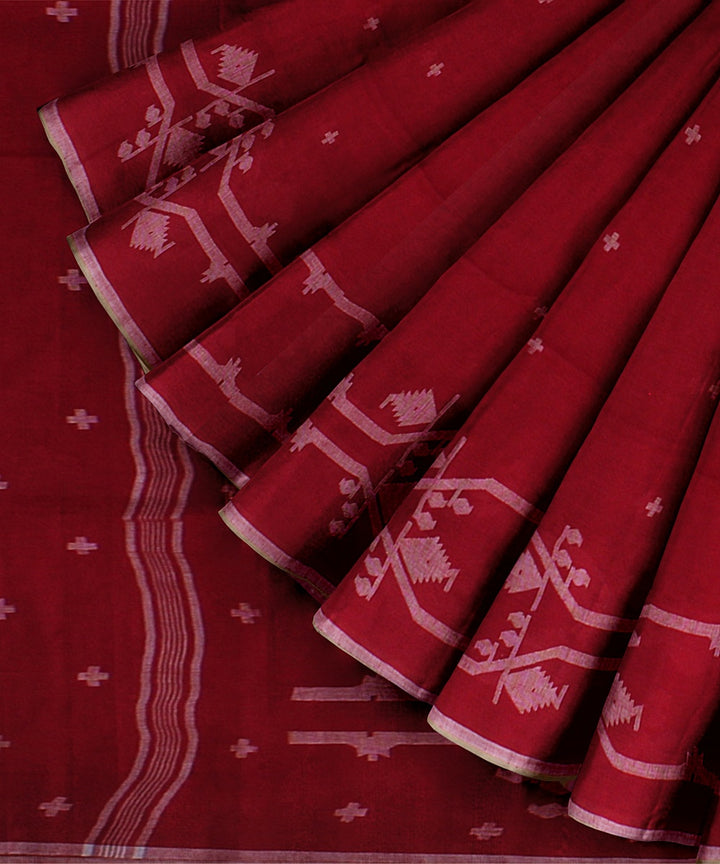 Red offwhite handloom jamdani soft cotton saree