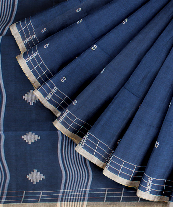 Navy blue grey jamdani handloom cotton saree