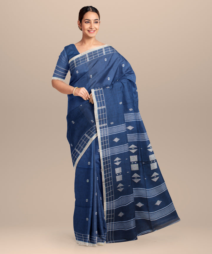 Navy blue grey jamdani handloom cotton saree