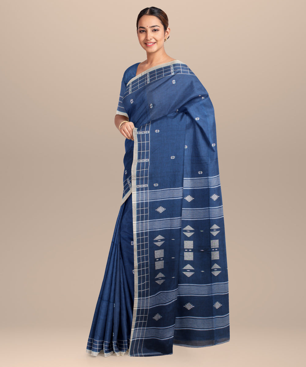 Navy blue grey jamdani handloom cotton saree