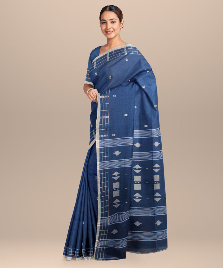 Navy blue grey jamdani handloom cotton saree