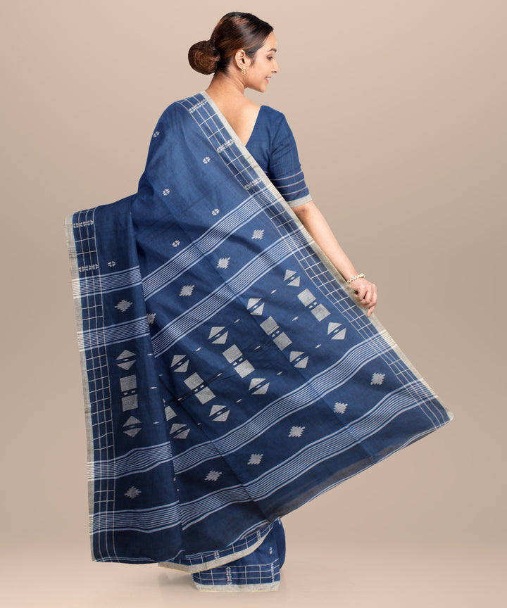 Navy blue grey jamdani handloom cotton saree