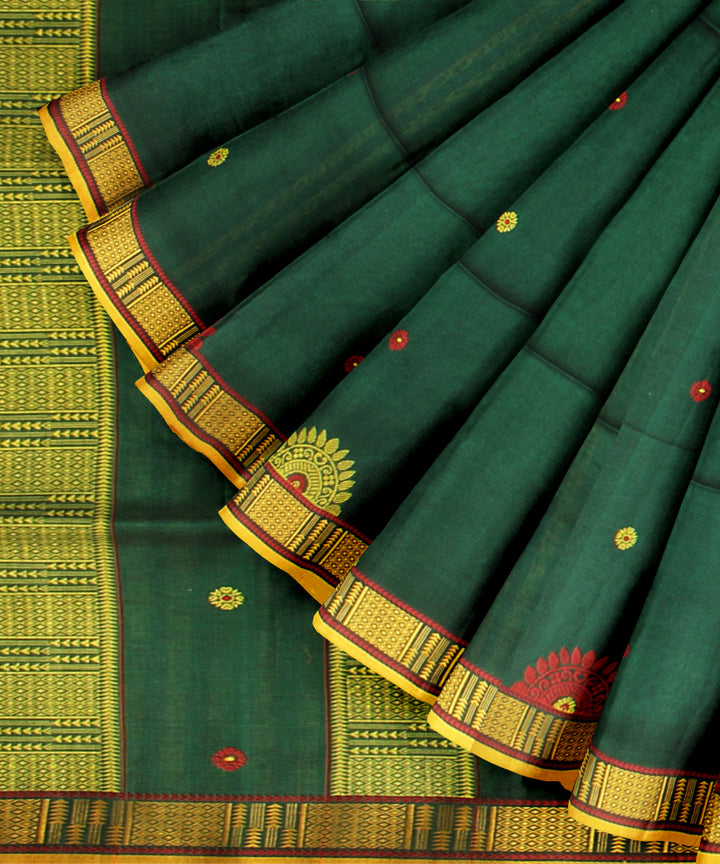 Dark green yellow handloom jamdani cotton saree