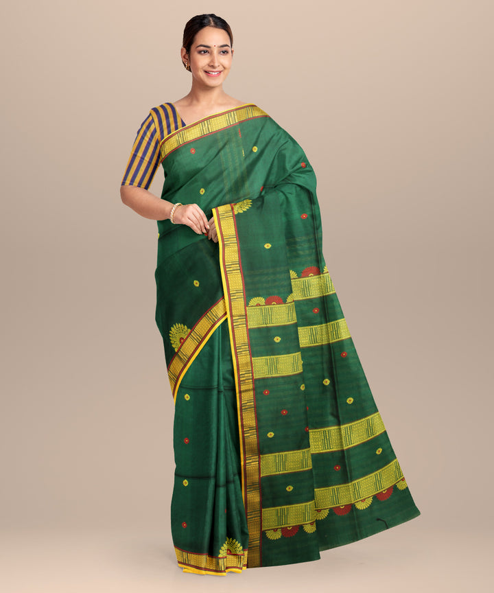 Dark green yellow handloom jamdani cotton saree