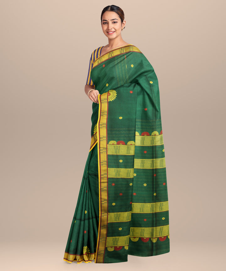 Dark green yellow handloom jamdani cotton saree