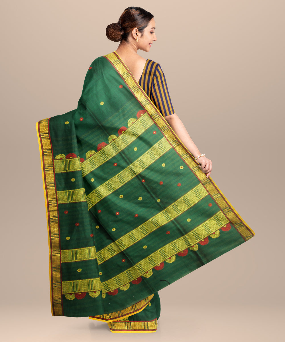 Dark green yellow handloom jamdani cotton saree