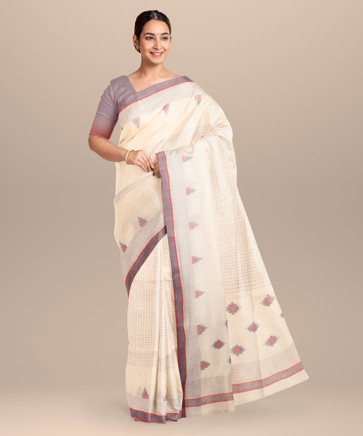 Off white grey red handloom jamdani cotton saree