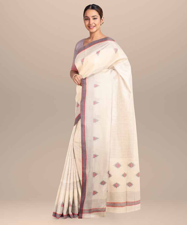 Off white grey red handloom jamdani cotton saree