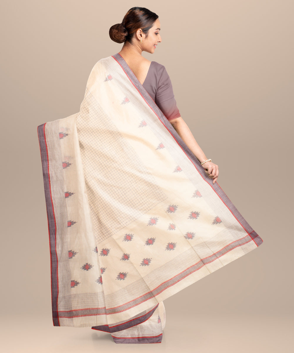 Off white grey red handloom jamdani cotton saree