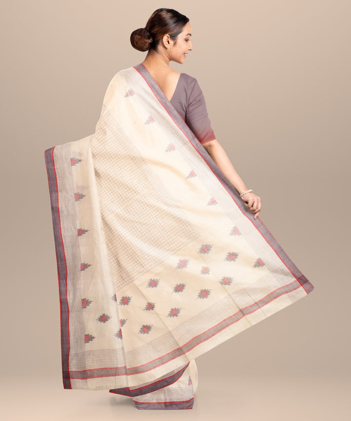 Off white grey red handloom jamdani cotton saree