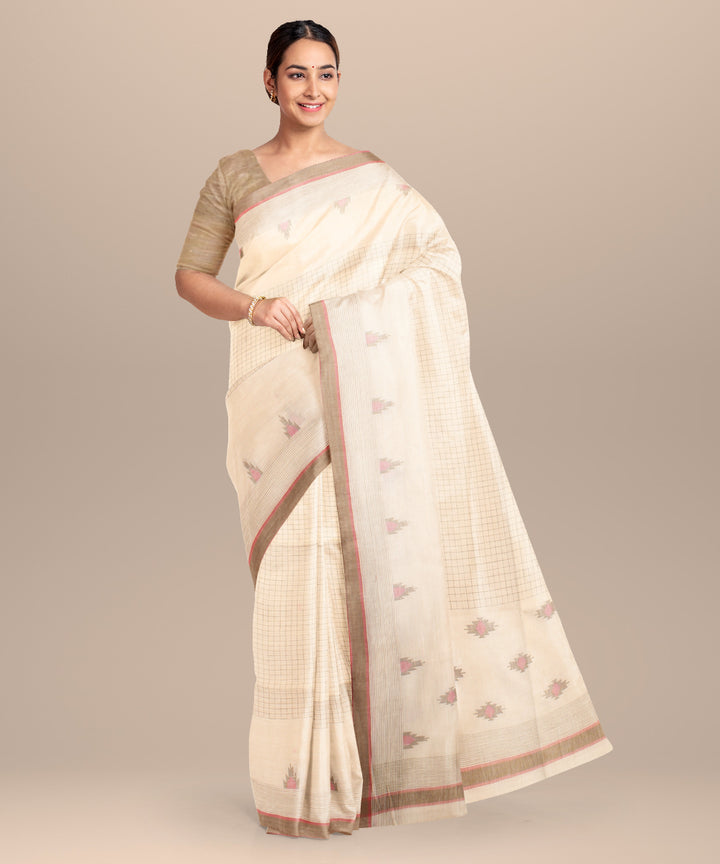 Off white green pink handloom jamdani cotton saree