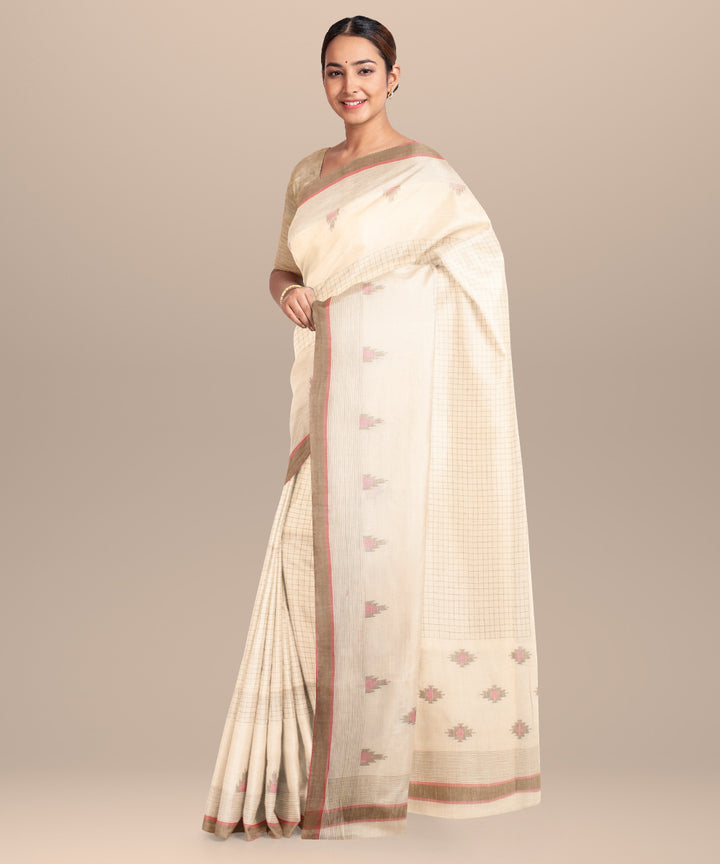 Off white green pink handloom jamdani cotton saree