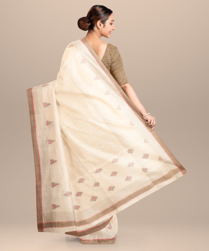 Off white green pink handloom jamdani cotton saree