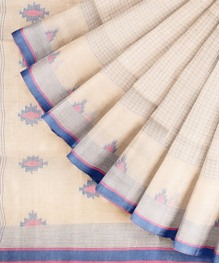 Off white blue pink handloom jamdani cotton saree