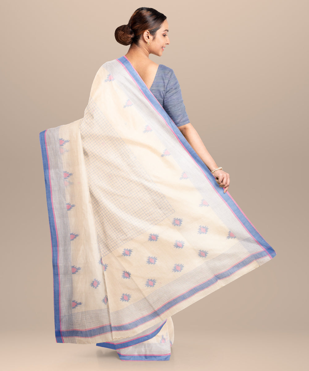 Off white blue pink handloom jamdani cotton saree
