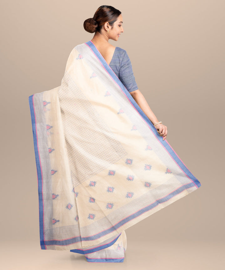 Off white blue pink handloom jamdani cotton saree