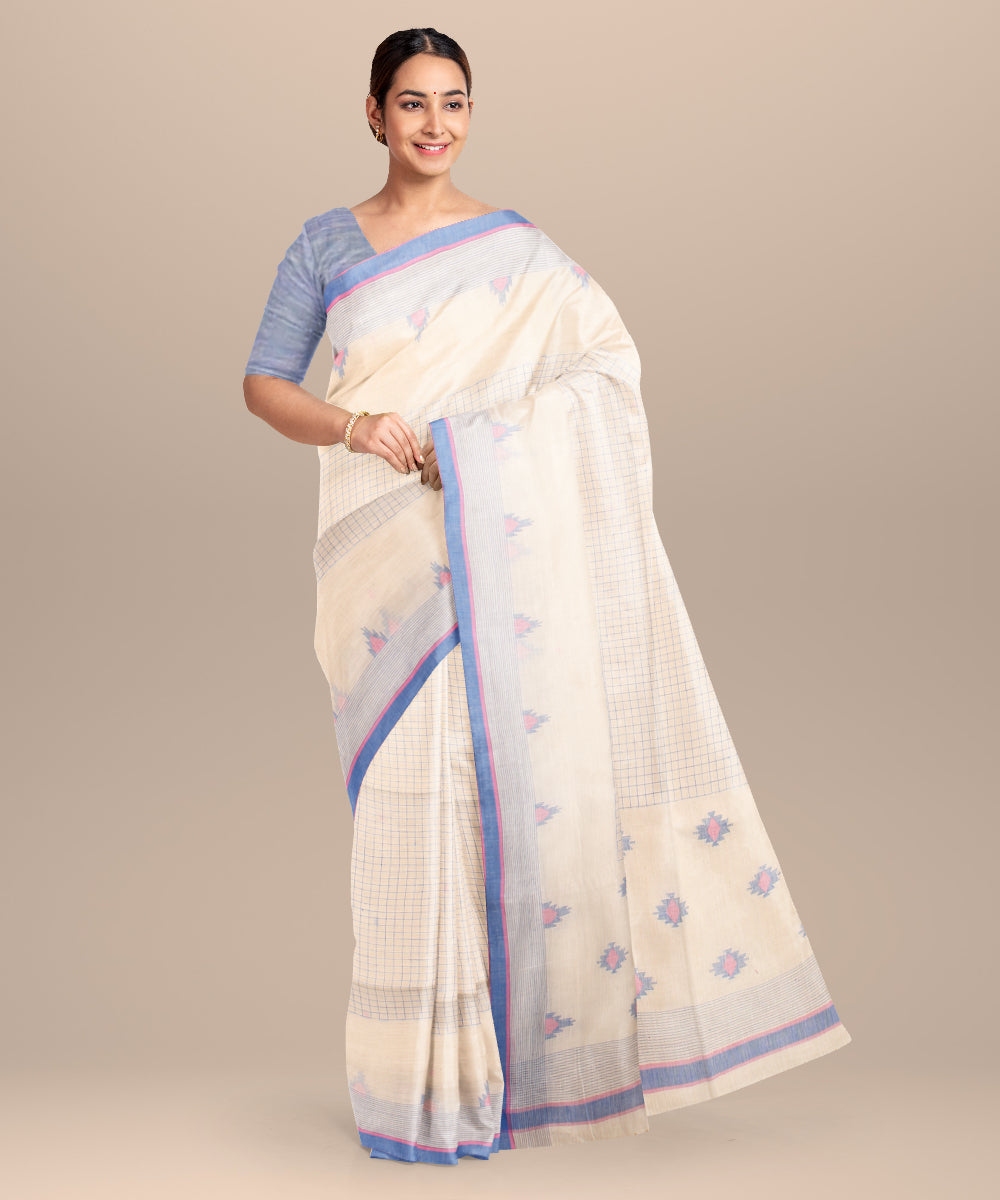 Off white blue pink handloom jamdani cotton saree