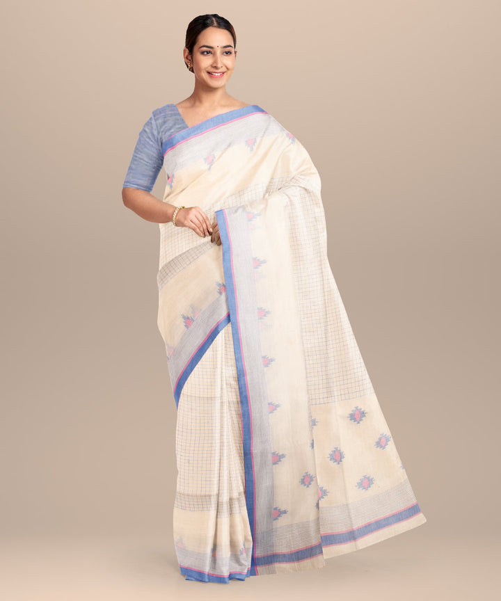 Off white blue pink handloom jamdani cotton saree