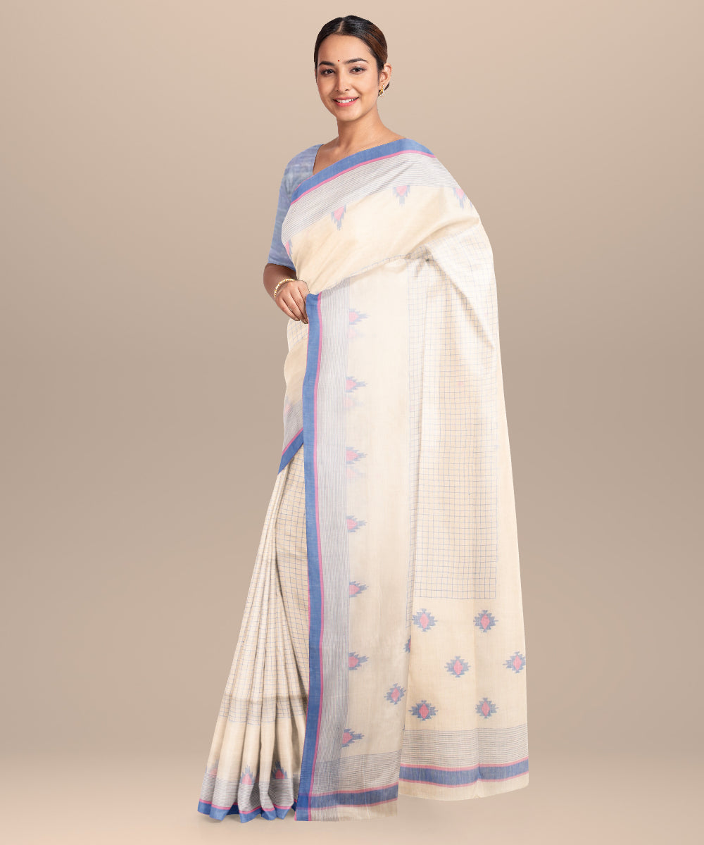 Off white blue pink handloom jamdani cotton saree