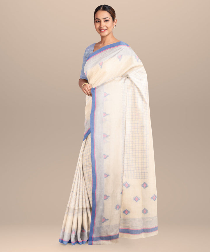 Off white blue pink handloom jamdani cotton saree